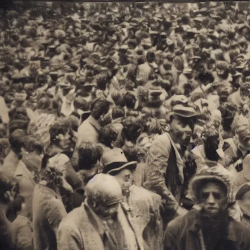 Prompt: a vintage photo of a man with lizard eyes in a crowd of people, old photo, sepia, real photo