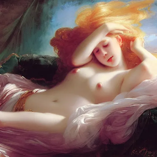 Image similar to blonde beautiful sleeping princess by Franz Xaver Winterhalter and Delphin Enjolras and Rebecca Guay