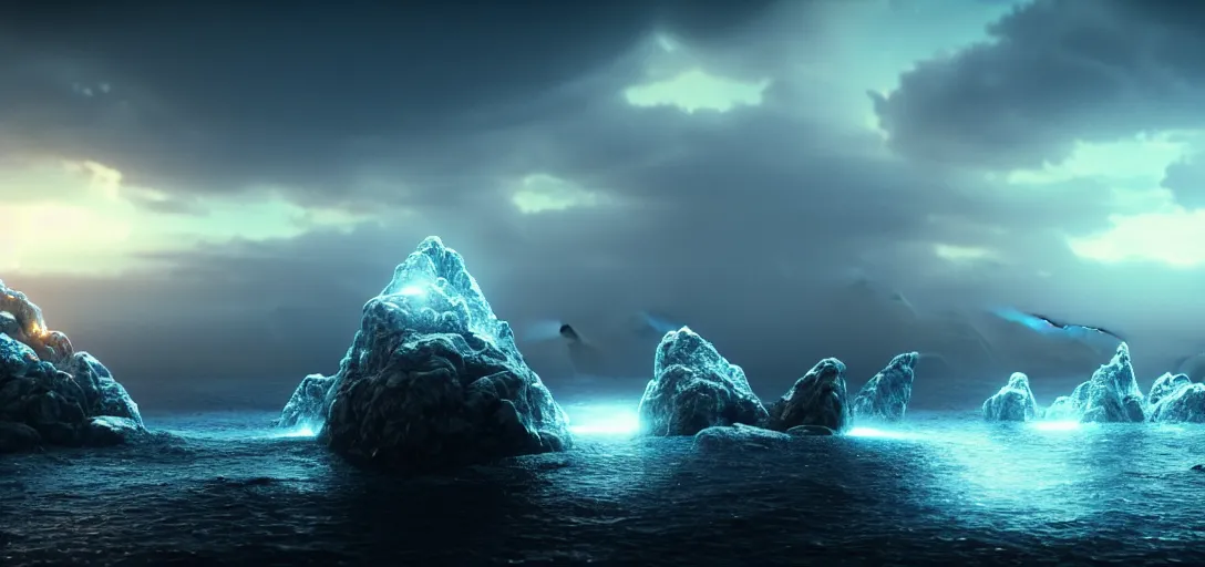 Prompt: octane render uhd, 8 k art photography, filmic lighting, cinematic art shot, hyperrealistic, hyperdetailed, super detailed, 8 k, high resolution, mysterious strangle glowing crystalline structure made of white rocks in the far distance, 8 k uhd photography by ross tran and ivan aivazovsky, black water, midnight