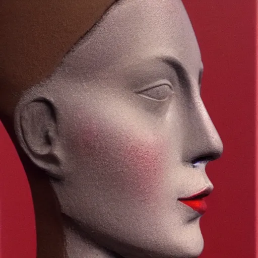 Prompt: sculpture of a woman's face in profile. She has high cheekbones, a strong jawline, and her hair is pulled back away from her face. She stares out at the viewer with a slight smile, her eyes half-lidded and her lips parted. There is a sense of calm and serenity about her. pastel red by Andrea Kowch robust