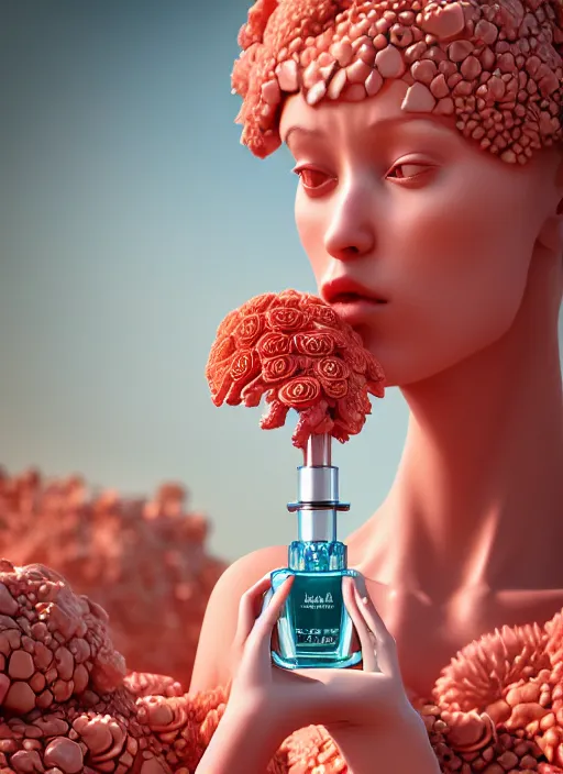 Prompt: biomechanical mannequin carrying perfume bottle enchanted coral kingdom made of corals, daisies, roses contoured smooth fair walls carrying perfume bottle, up close shot, sharp focus, global illumination, radiant light, alexandre ferra white mecha, irakli nadar, octane highly render, 4 k, ultra hd,