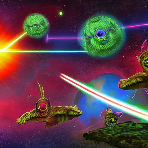 Image similar to laser war between funny creatures on a planet, digital art, award winning 4K