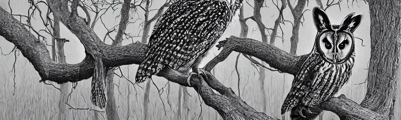 Prompt: beautiful hyperrealist highly detailed cinematic lighting nature photograph of a long eared owl on a tree branch, symmetrical full body, beautiful high contrast wood engraving, moebius and charles burns comic style, shocking detail trending on artstation 8 k