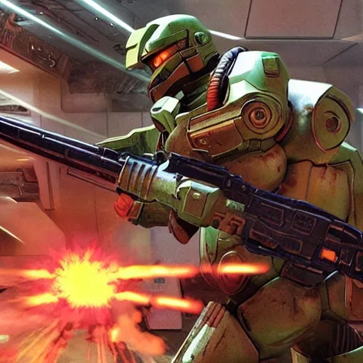 Prompt: doomguy shooting master chief at close range