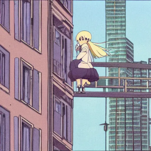 Prompt: a blonde, ponytailed woman stands on her balcony over a city street at night, still from urban scenes directed by Hayao Miyazaki