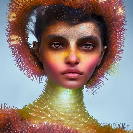 Prompt: a close - up shot of a brown woman wearing a luminous armor made of neon jelly fishes. extremely soft lighting. fragile. haunting eyes!! coherent face!! no makeup!! muted colors. by ray caesar. by louise dahl - wolfe. by andrea kowch. surreal photography