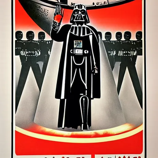 Image similar to Soviet propaganda poster, Darth Vader in a factory