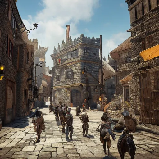 Image similar to detailed medieval fantasy streets with people walking around, unreal engine 5 rendered, incredibly highly detailed and realistic, 8 k, sharp focus, studio quality