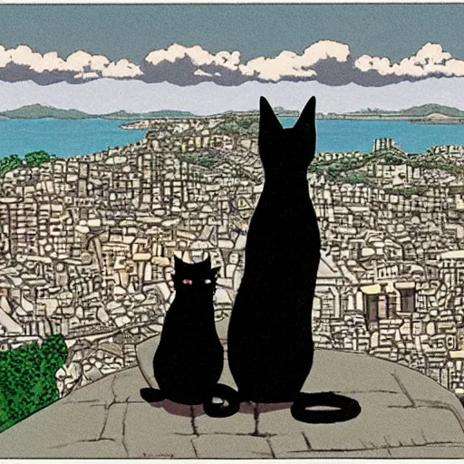 Image similar to a black cat and pug dog hold hands and look out over a city, Miyazaki, studio ghibli