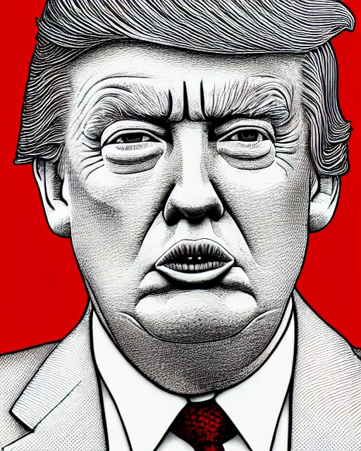 Image similar to highly detailed portrait of donald trump by casey weldon, serene, 4 k resolution, red, black and white color scheme