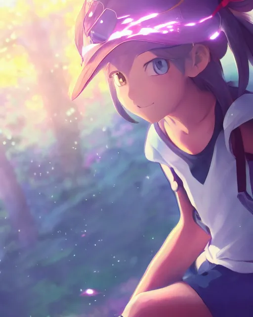 Image similar to a female pokemon trainer girl, full shot, atmospheric lighting, detailed face, by makoto shinkai, stanley artger m lau, wlop, rossdraws, james jean, andrei riabovitchev, marc simonetti, krenz c