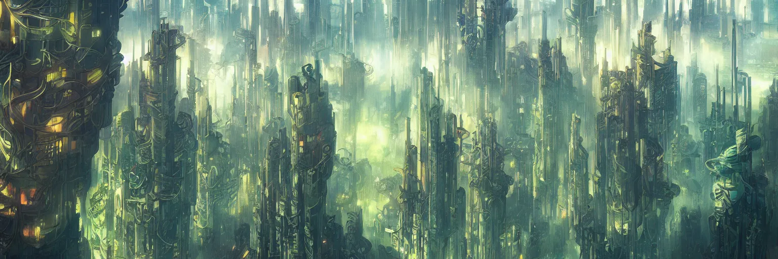 Prompt: A beautiful forest painting of a dystopian future with skyscrapers by Alfons Maria Mucha and Julie Dillon and Makoto Shinkai