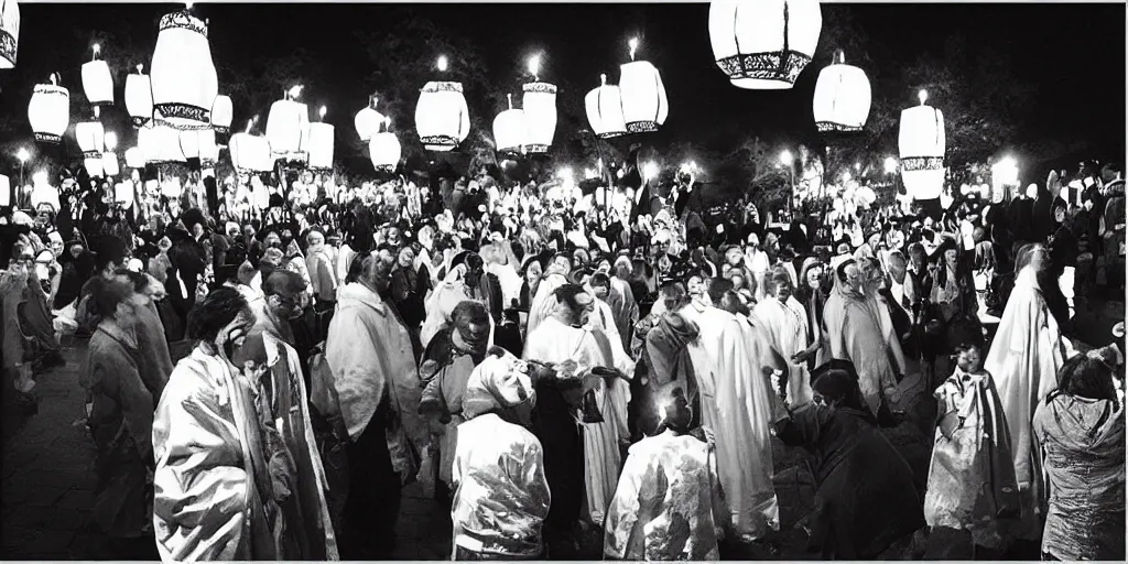 Prompt: “ traditional lantern ceremony, festival. photograph. award winning. cinema still. black and white. ”