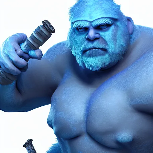Image similar to a digital art portrait of blue ice golem ogre barbarian with long sword, dnd goliath character concept, 4 k, ultra detail, volumetric lighting, unreal engine, octane render