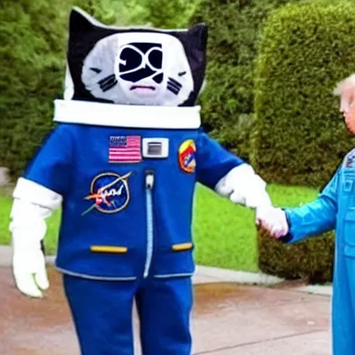 Prompt: astronaut cat shaking hands with donald trump