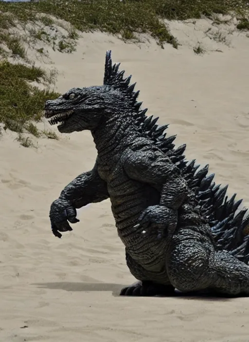 Prompt: godzilla as mozzarella on the sand of a beach