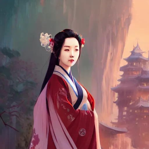 Image similar to woman wearing hanfu, middle shot, digital art, highly detailed, intricate, sharp focus, Trending on Artstation, HQ, unreal engine 5, 4K UHD image, by brom, loish, artgerm, face by Otto Schmidt