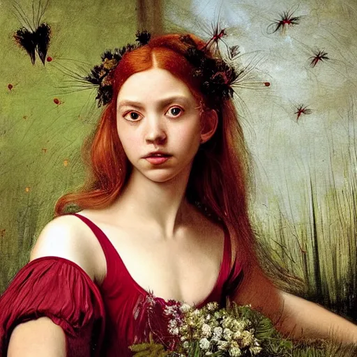 Prompt: a highly detailed, hyper realistic portrait with torso of a red haired young woman, among wonderful golden fireflies, long hair, green eyes, hint of freckles, round gentle face, cheeky smile, white romantic dress with intricate details, deep focus, elegant, smooth, sharp, golden ratio, digital painting, art by artemisia lomi gentileschi and caravaggio
