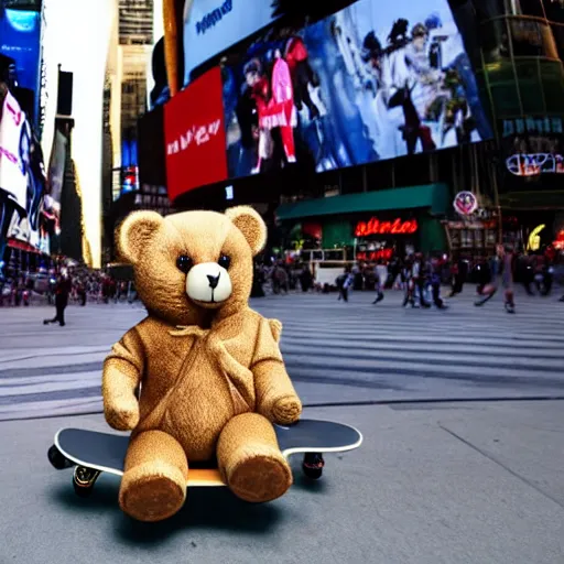 Image similar to A photo of a teddy bear on a skateboard in Times Square