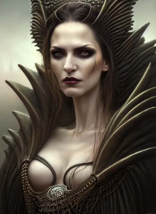 Image similar to closeup portrait shot of a vampire queen in a scenic dystopian environment, intricate, elegant, highly detailed, centered, digital painting, artstation, concept art, smooth, sharp focus, illustration, artgerm, tomasz alen kopera, peter mohrbacher, donato giancola, joseph christian leyendecker, wlop, boris vallejo