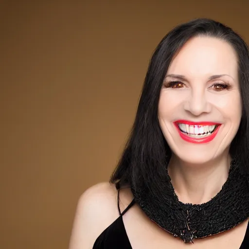 Prompt: professional headshot of an elegant female vampire in her 4 0 s smiling confidently at the camera, showing her long vampire fangs,. high resolution, nikon camera 8 k