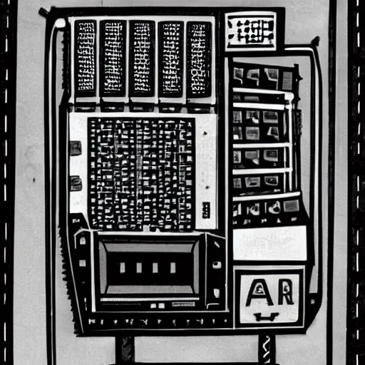 Image similar to an archival print of a chess machine with cables and screens