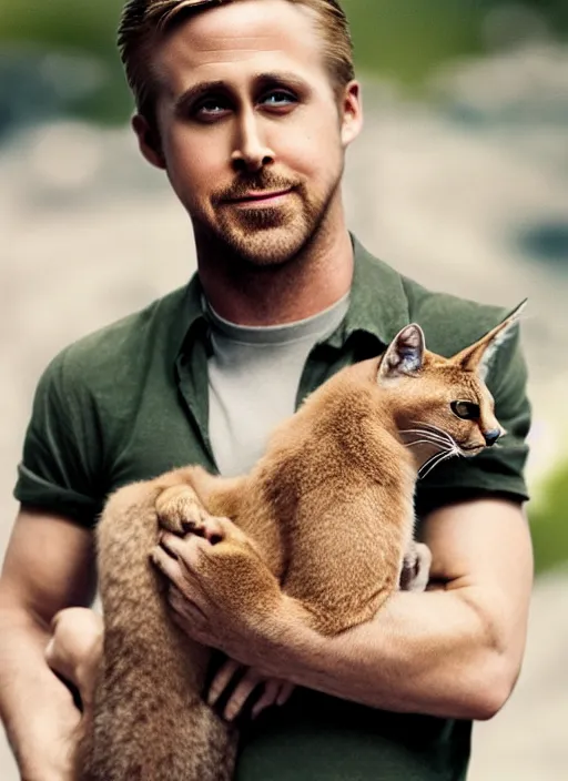 Image similar to Ryan Gosling holds a caracal cat in his hands, ultra highly detailed, smooth, sharp focus, elegant, trending on artstation