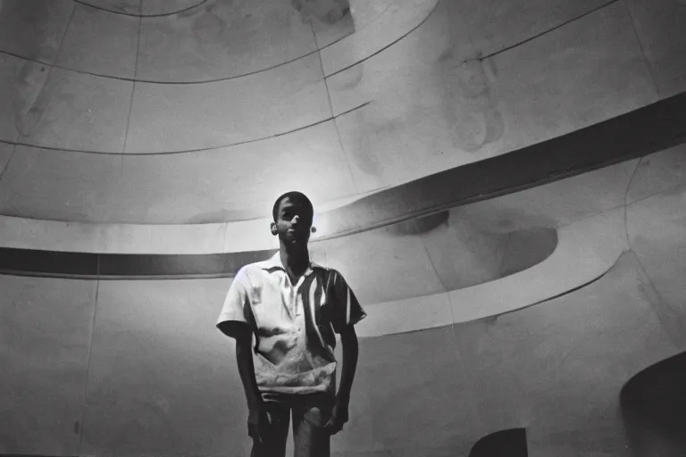 Image similar to black and white photography, a young man stands in the planetarium, decisive moment, anri cartier bresson