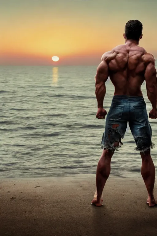 Image similar to a very muscular and defined man wearing ripped pants and shirt looking to the sea at sunset, godrays, complementary colors, natural lighting, portait image, path tracing, serene landscape, high quality, highly detailed, 8K, soft colors, warm colors, turbulent sea, high coherence, anatomically correct, hyperrealistic, concept art, defined face, five fingers, looking to the camera