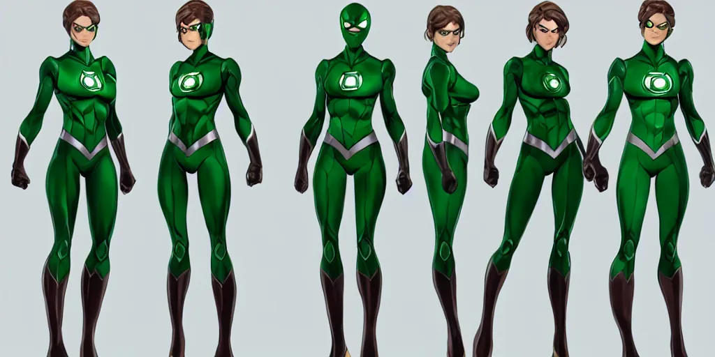 Image similar to full body exaggerated outfit, female green lantern character clean concepts by senior concept artist in the anime film, suit, powers, glowing, stronge, smooth, high detail, featured on artstation