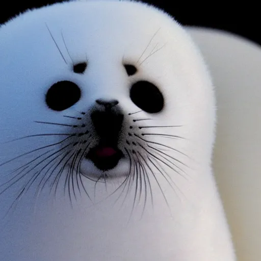 Image similar to a baby harp seal with black fur looking at plans for a nuclear bomb, sitting inside an office at a luxury resort in florida, ap news