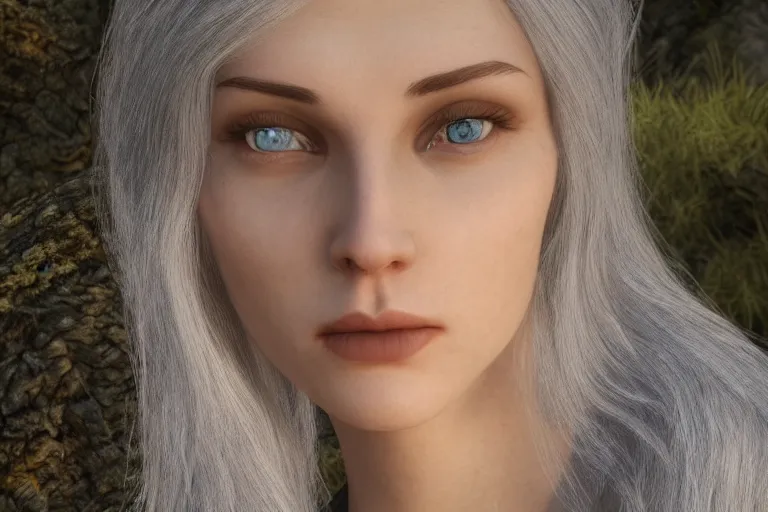 Prompt: hyperrealistic portrait of stunningly beautiful silver haired elvish girl, lit by dawn light, serious face, deep forest on background, trending on artstation,ultrawide angle, f8 , polarizer , unreal engine