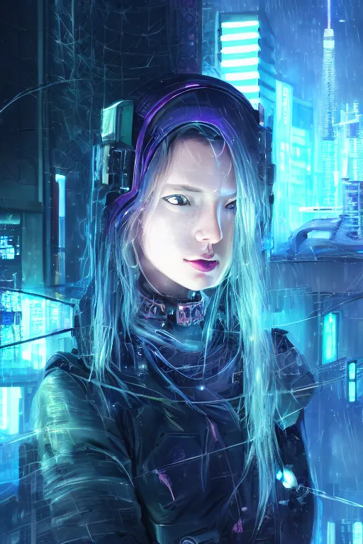 Image similar to portrait futuristic talented cyberpunk female Alchemist, in futuristic stormy heavy snowy thunder tokyo rooftop Enchantment cyberpunk night, ssci-fi, fantasy, intricate, very very beautiful, elegant, neon light, highly detailed, digital painting, artstation, concept art, soft light, hdri, smooth, sharp focus, illustration, art by tian zi and craig mullins and WLOP and alphonse mucha