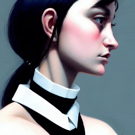 Prompt: a girl wearing collar around neck, looking at the camera, beautiful and aesthetic, close up, bitter, dramatic pose, intricate, highly detailed, detailed face, smooth, sharp focus, specular light, occlusion shadow, rim light, artgerm, artstation, art by greg rutkowski and ilya kuvshinov and salvador dali, fantasy illustration