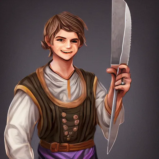 Prompt: duergar male child character portrait with pale purple skin, shabby clothes, leather pouch, wielding kitchen knife, smiling, youthful, dungeons and dragons, digital art