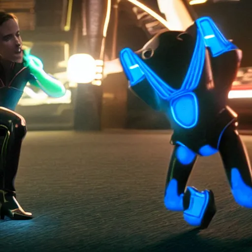 Image similar to a still from Tron:Legacy with kermit the frog in a disc battle