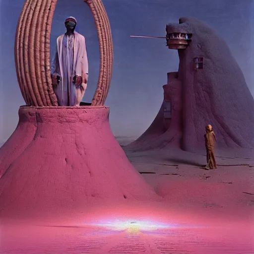 Image similar to african moors in white robes building a steampunk portal near a pink lake by zdislaw beksinski and thomas blackshear and alex grey, oil on canvas, 8k