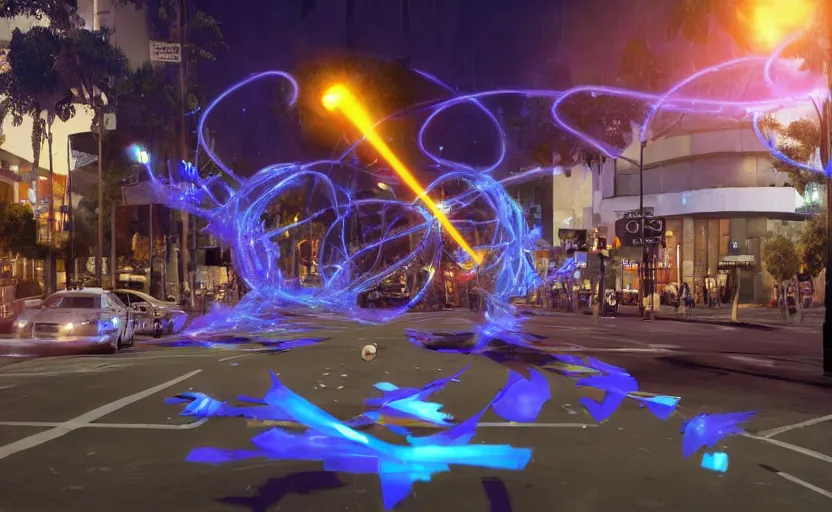 Prompt: people with posters attacking cops in front a huge blue spiral - shaped bright white luminous attractor that is floating and stores in los angeles with light screens all over the street, concept art, art for the game, professional lighting, night lighting from streetlights