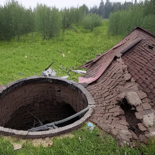 Prompt: a large funnel formed on the territory of an old village house in Russia as a result of a rocket hit where people gathered to photograph it