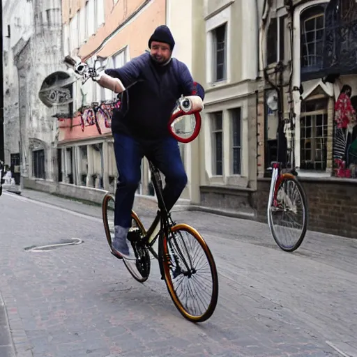 Prompt: seb jamous cycling on a penny farthing