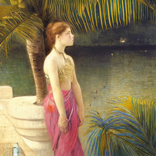 Image similar to a ultradetailed beautiful painting of a girl in the amazonas palace balustrade designed by jules bastien - lepage, hans belmer, frank weston and gustave baumann, beach, trending on artstation, mediterranean, palm trees, refracted color sparkles, sharp focus, soft light, 8 k 4 k