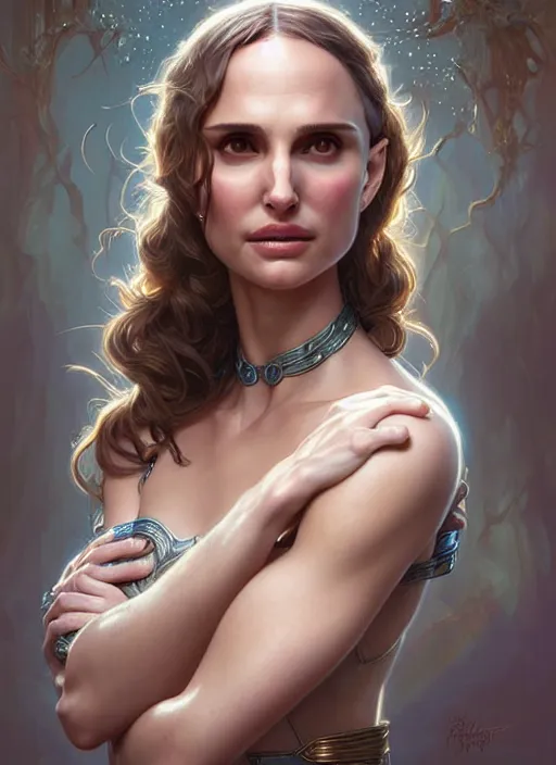 Image similar to portrait of he - woman, d & d, natalie portman! fantasy, intricate, elegant, highly detailed, digital painting, artstation, concept art, smooth, sharp focus, illustration, art by artgerm and greg rutkowski and alphonse mucha