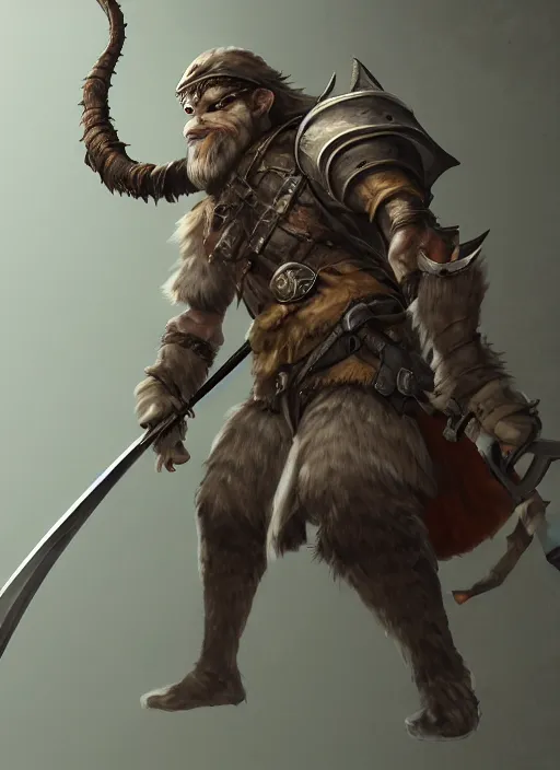 Image similar to strong young man, photorealistic bugbear ranger holding aflaming sword, black beard, dungeons and dragons, pathfinder, roleplaying game art, hunters gear, jeweled ornate leather and steel armour, concept art, character design on white background, by studio ghibli, makoto shinkai, kim jung giu, poster art, game art