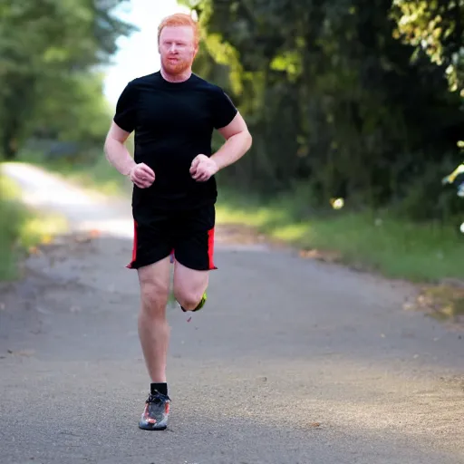 Image similar to photography,. Slightly podgy man, slightly ginger, jogging in black shorts and red t-shirt
