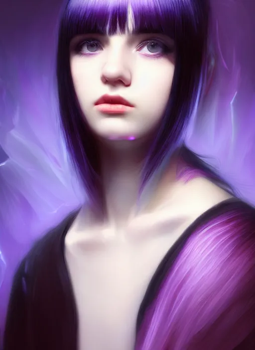 Image similar to portrait of teenage girl with white bangs, red irises, black hair, purple clothes, white bangs, bangs are different color from hair, intricate, front of hair is white rest is black, elegant, glowing lights, highly detailed, digital painting, artstation, concept art, smooth, sharp focus, illustration, art by wlop, mars ravelo and greg rutkowski