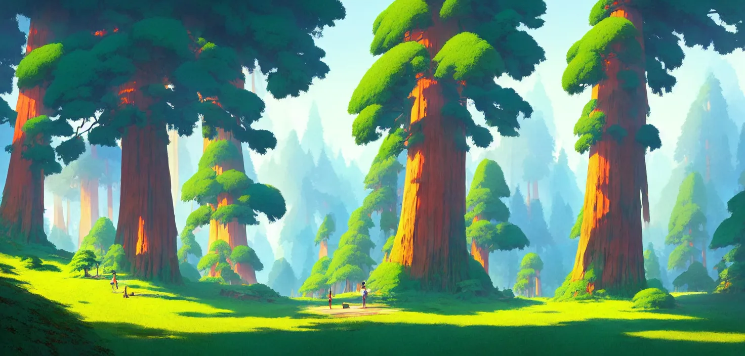 Image similar to Sequoia park in a colorful moutain with beautiful trees , no people, morning, by studio ghibli painting, superior quality, masterpiece, traditional Japanese colors, by Grzegorz Rutkowski, concept art