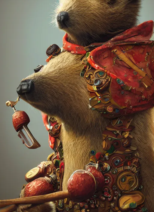 Prompt: detailed full body concept art illustration oil painting of an anthropomorphic capybara cook in full intricate clothing, biomutant, ultra detailed, digital art, octane render