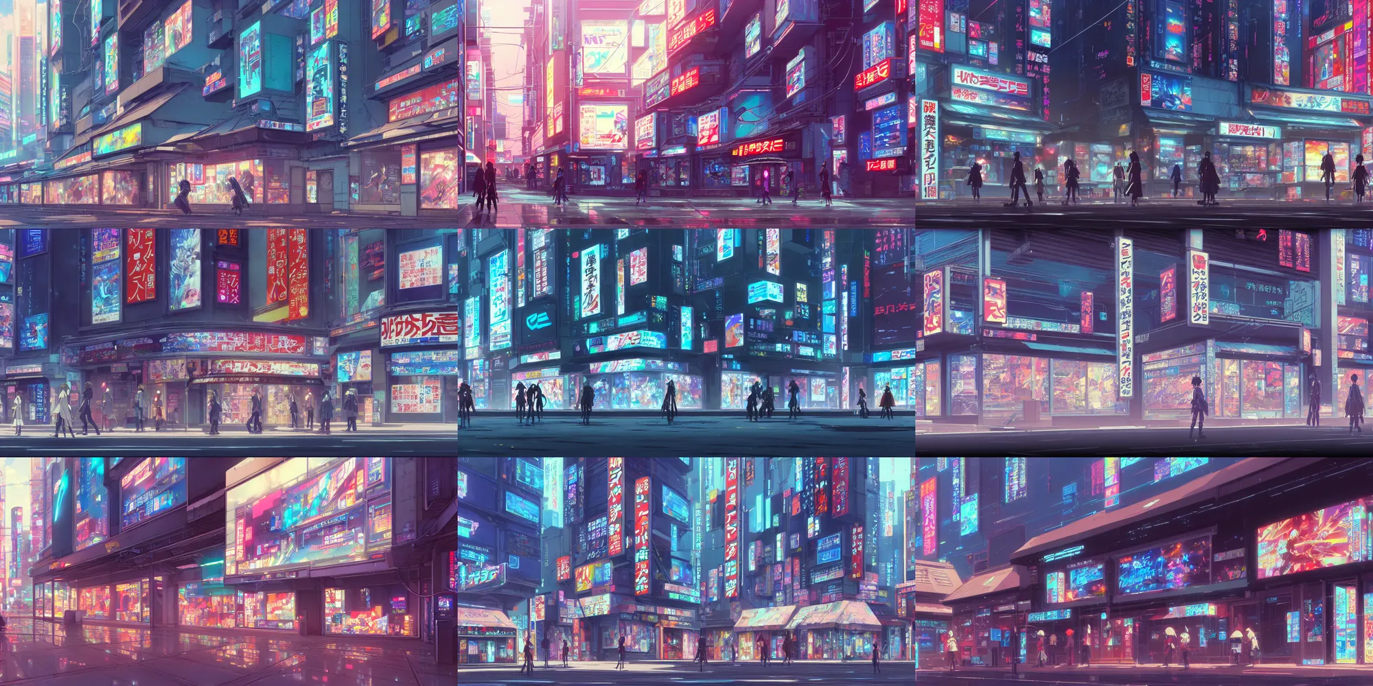 Prompt: a very close up front view of a ( ( cyberpunk ) ) shopfront facade with ( ( advertisements ) ), in a high definition screenshot from the anime anime film, digital painting by ( makoto shinkai ), moebius moebius, surrealism, trending on artstation