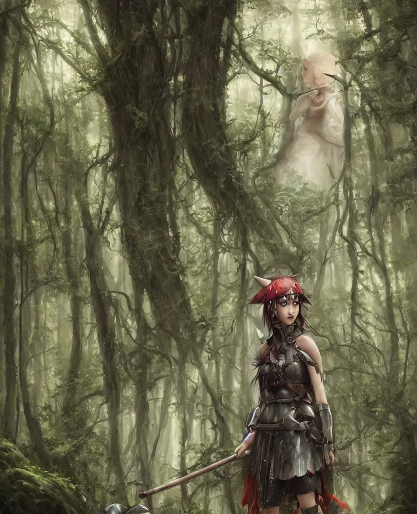 Image similar to portrait of Princess Mononoke girl, fully clothed in armor, lush forest landscape, painted by tom bagshaw, proko, artgerm, norman rockwel, james gurney, denoised, sharp, architectural