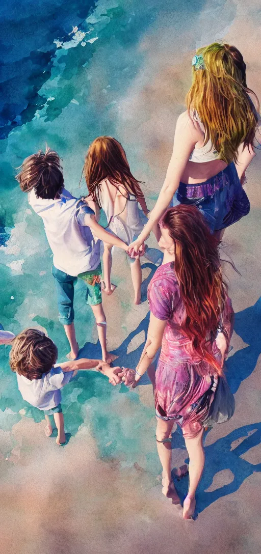 Prompt: hippie style family of woman, men, girl is taller, boy is shorter looking at the ocean holding hands, far - view, art, cinematic composition, octane render, high detail, 8 k, artstation trending, watercolor, artwork by tooth wu, colorful contrast, very coherent, thick lineart